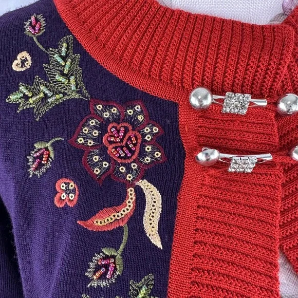 Wool‎ Blend Beaded Embroidered Sequin Open Cardigan Sweater Purple Red Floral - Picture 3 of 17